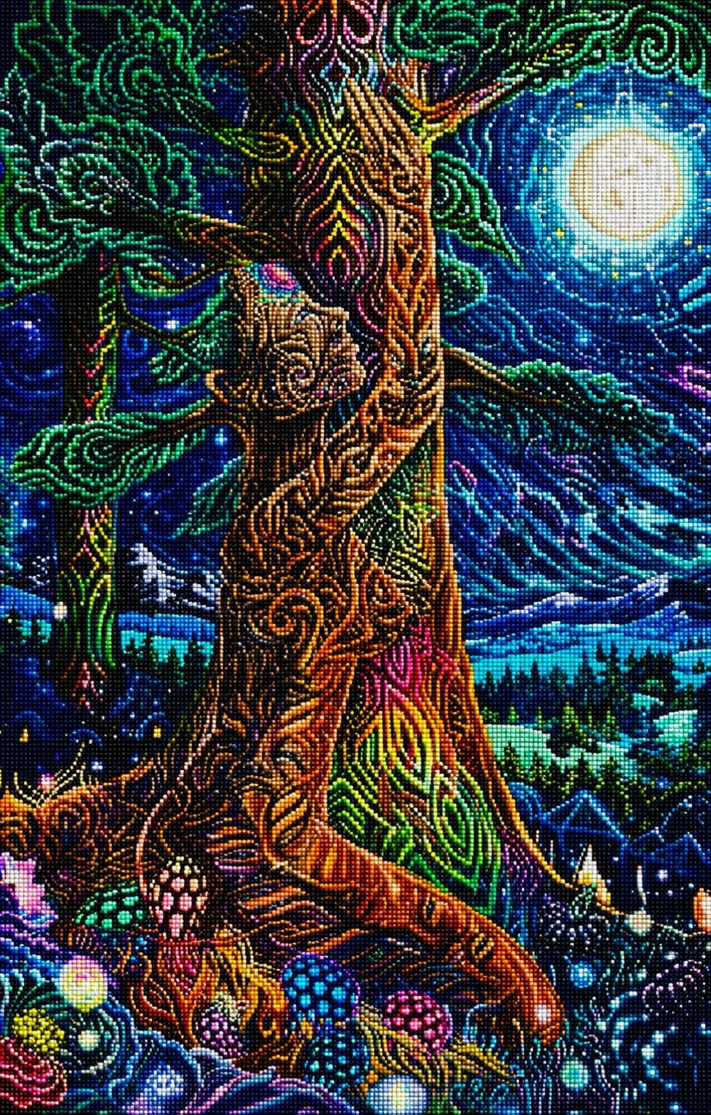 Diamond Painting mit kosmischem Lebensbaum, spiritueller Waldgestalt und leuchtendem Vollmond. Mockup.