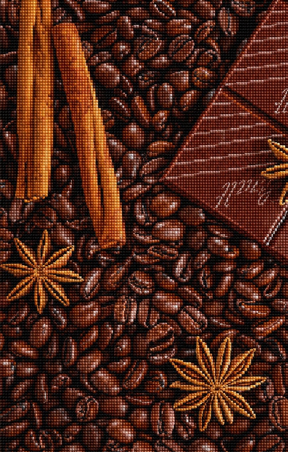 Diamond Painting mit Kaffeebohnen, Schokolade, Zimtstangen und Sternanis in fotorealistischer Darstellung. Mockup.
