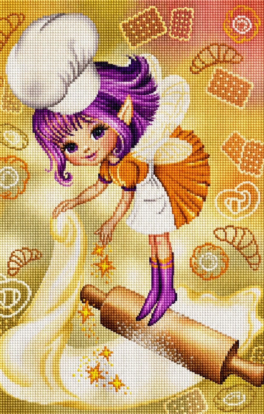 Diamond Painting mit einer Backfee, Nudelholz und ausgerolltem Teig im Cartoonstil. Mockup.