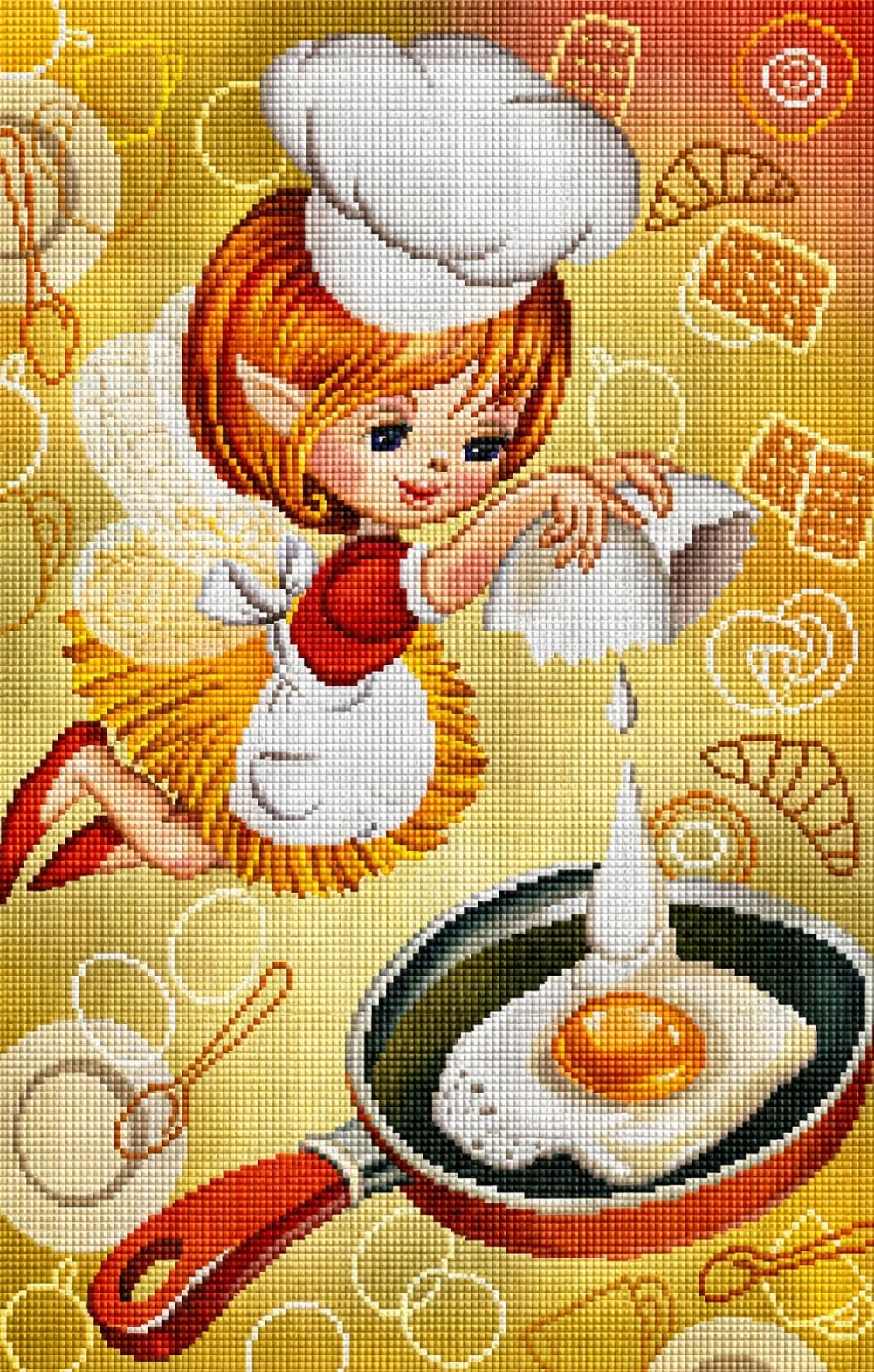 Diamond Painting mit einer Frühstücksfee, Spiegelei und Pfanne im farbenfrohen Cartoonstil. Mockup.