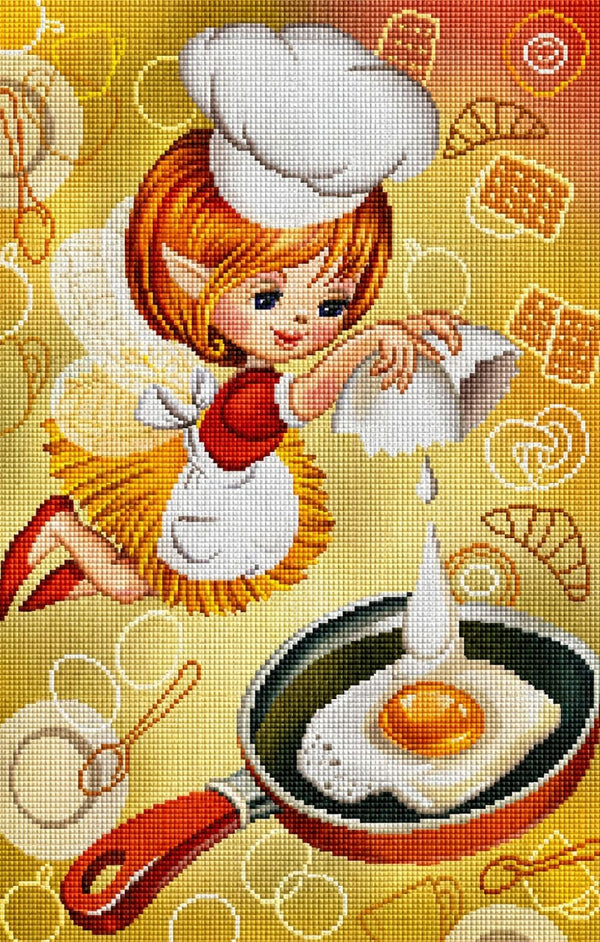 Diamond Painting mit einer Frühstücksfee, Spiegelei und Pfanne im farbenfrohen Cartoonstil. Mockup.