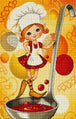 Diamond Painting mit Küchenfee auf einer Suppenkelle über roter Suppe im Cartoonstil. Mockup.