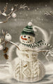 Diamond Painting mit gestricktem Schneemann, Wintervogel und verschneiter Winterlandschaft. Mockup.