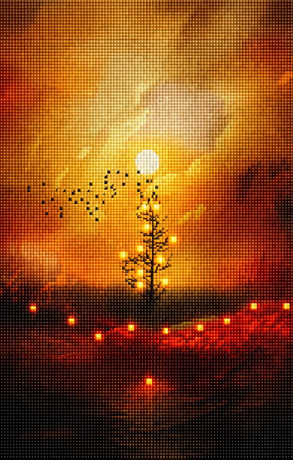 Diamond Painting mit minimalistischem Weihnachtsbaum, Mondlicht und warmen Lichtern in einer winterlichen Landschaft. Mockup.