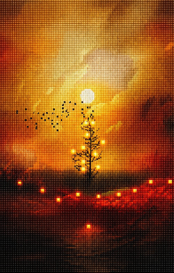 Diamond Painting mit minimalistischem Weihnachtsbaum, Mondlicht und warmen Lichtern in einer winterlichen Landschaft. Mockup.