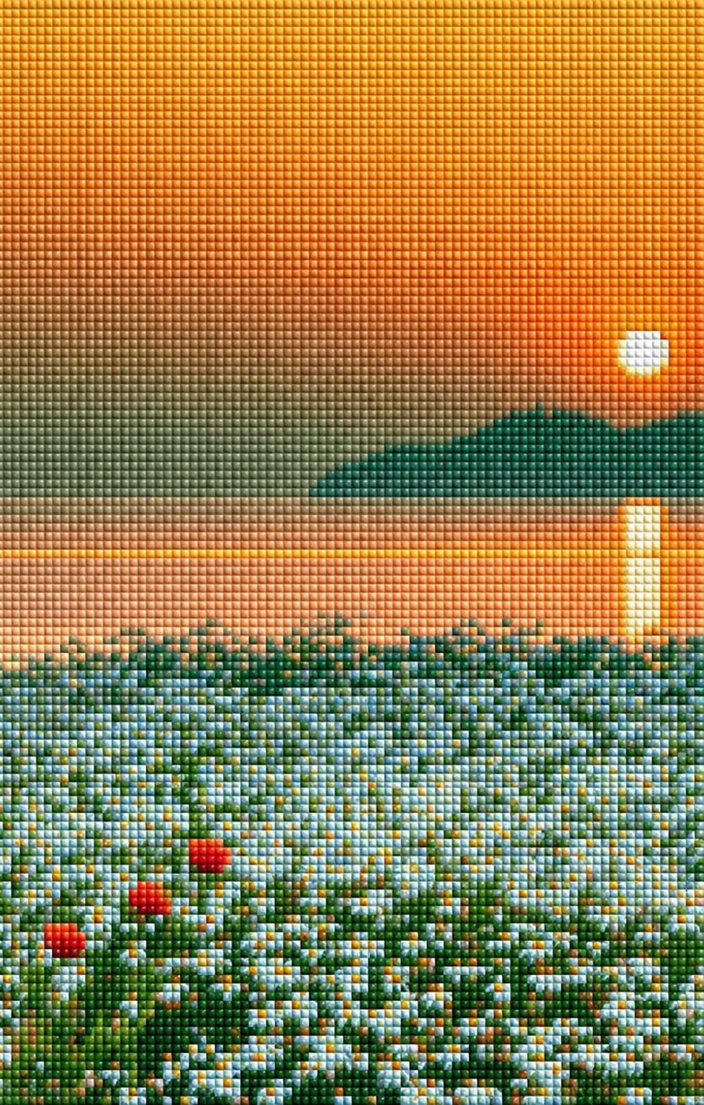 Diamond Painting mit Margeritenwiese, roten Mohnblumen und Sonnenuntergang am ruhigen See. Mockup.