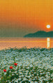 Diamond Painting mit Margeritenwiese, roten Mohnblumen und Sonnenuntergang am ruhigen See. Mockup.