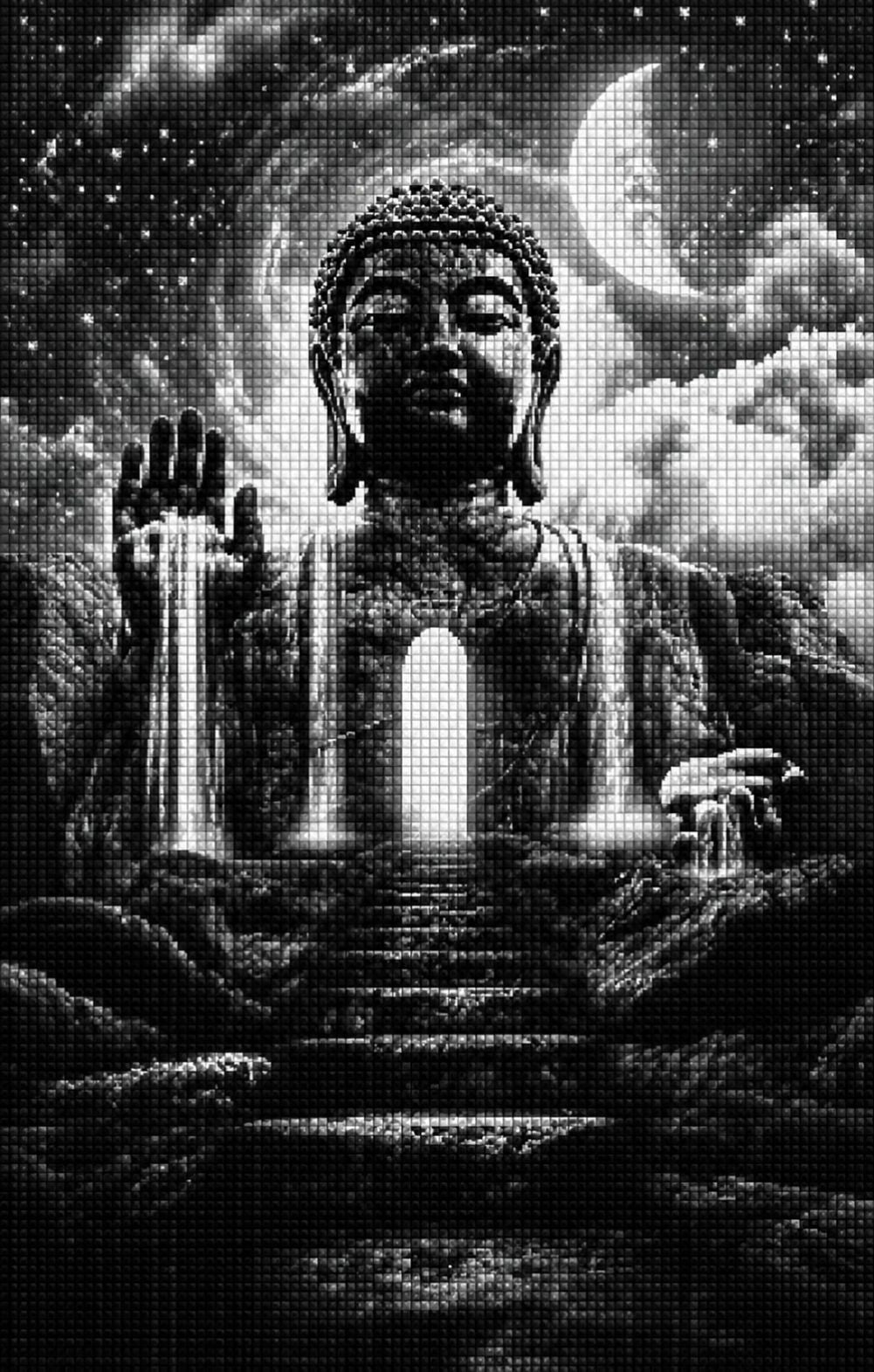 Diamond Painting mit monumentaler Buddha-Statue, Mond, Wasserfällen und leuchtendem Tor in Schwarz-Weiß. Mockup.