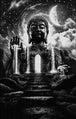 Diamond Painting mit monumentaler Buddha-Statue, Mond, Wasserfällen und leuchtendem Tor in Schwarz-Weiß. Mockup.