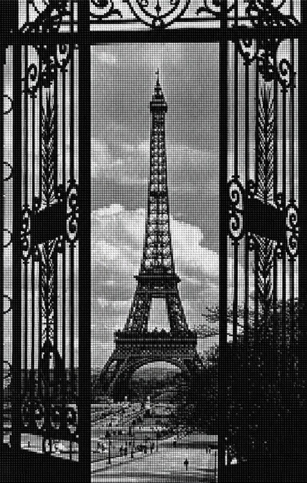 Diamond Painting mit Eiffelturm in Schwarz-Weiß, eingerahmt von einem kunstvollen schmiedeeisernen Tor. Mockup.