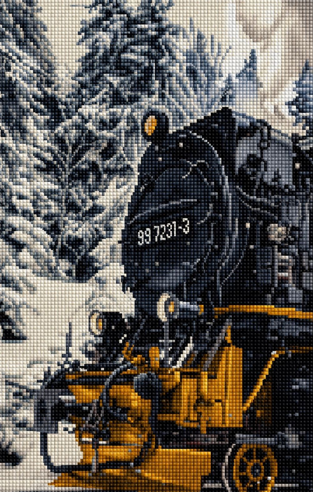 Diamond Painting mit historischer Dampflokomotive auf verschneiten Gleisen im winterlichen Wald. Mockup.