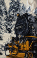 Diamond Painting mit historischer Dampflokomotive auf verschneiten Gleisen im winterlichen Wald. Mockup.