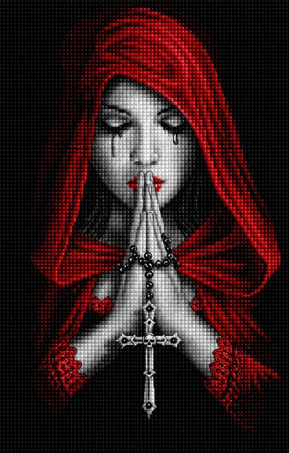 Diamond Painting mit betender Frau im roten Umhang und Rosenkranz vor schwarzem Hintergrund. Mockup.