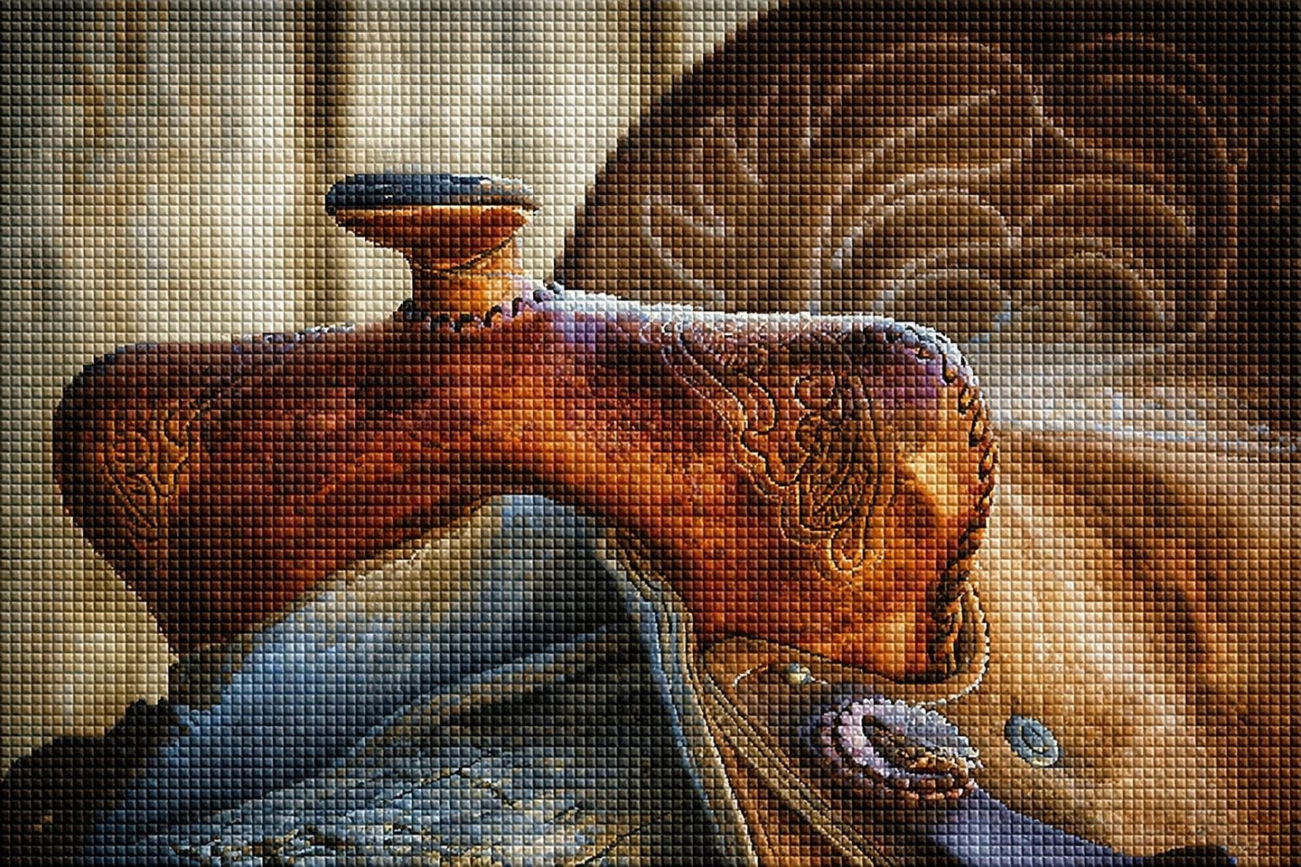 Diamond Painting mit verzierter Lederflasche auf einem traditionellen Westernsattel aus Leder. Mockup.
