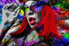 Diamond Painting mit Pop-Art Frau, Spiegelbrille, roten Haaren und buntem abstraktem Hintergrund. Mockup.