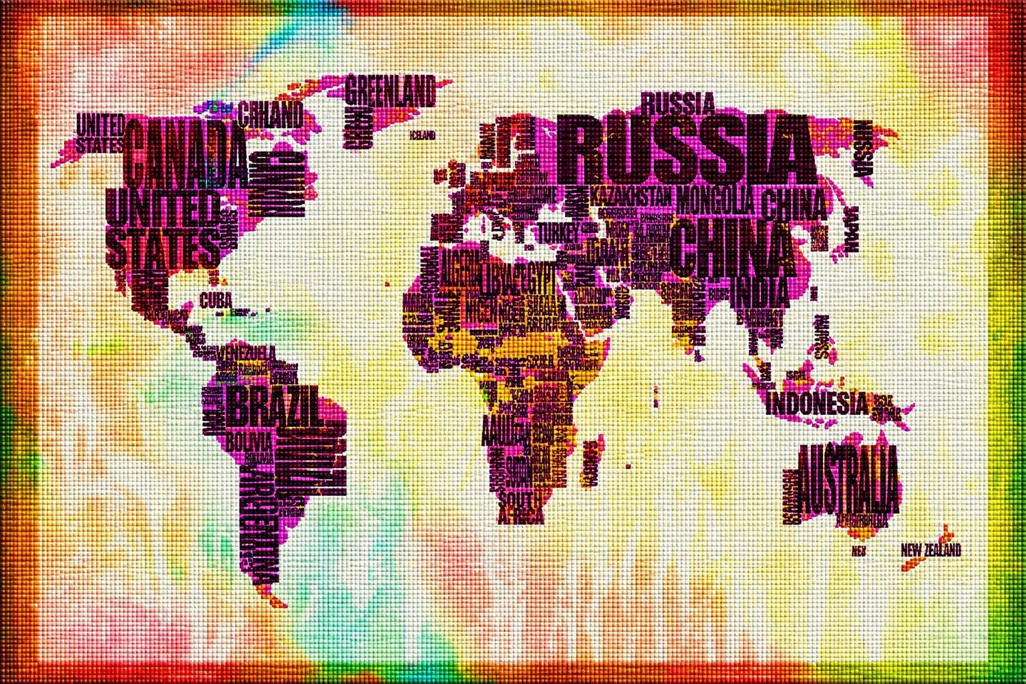 Diamond Painting mit typografischer Weltkarte aus Ländernamen im farbenfrohen Grunge-Stil. Mockup.