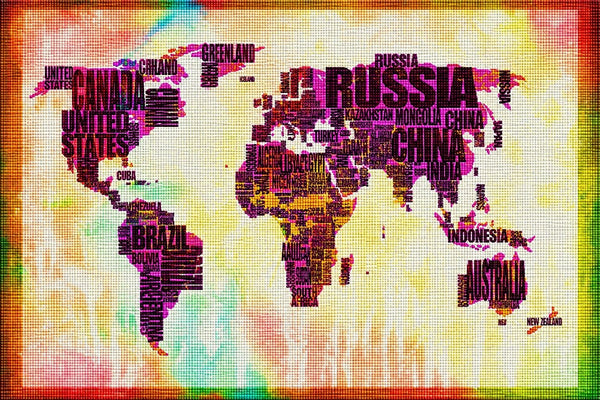 Diamond Painting mit typografischer Weltkarte aus Ländernamen im farbenfrohen Grunge-Stil. Mockup.