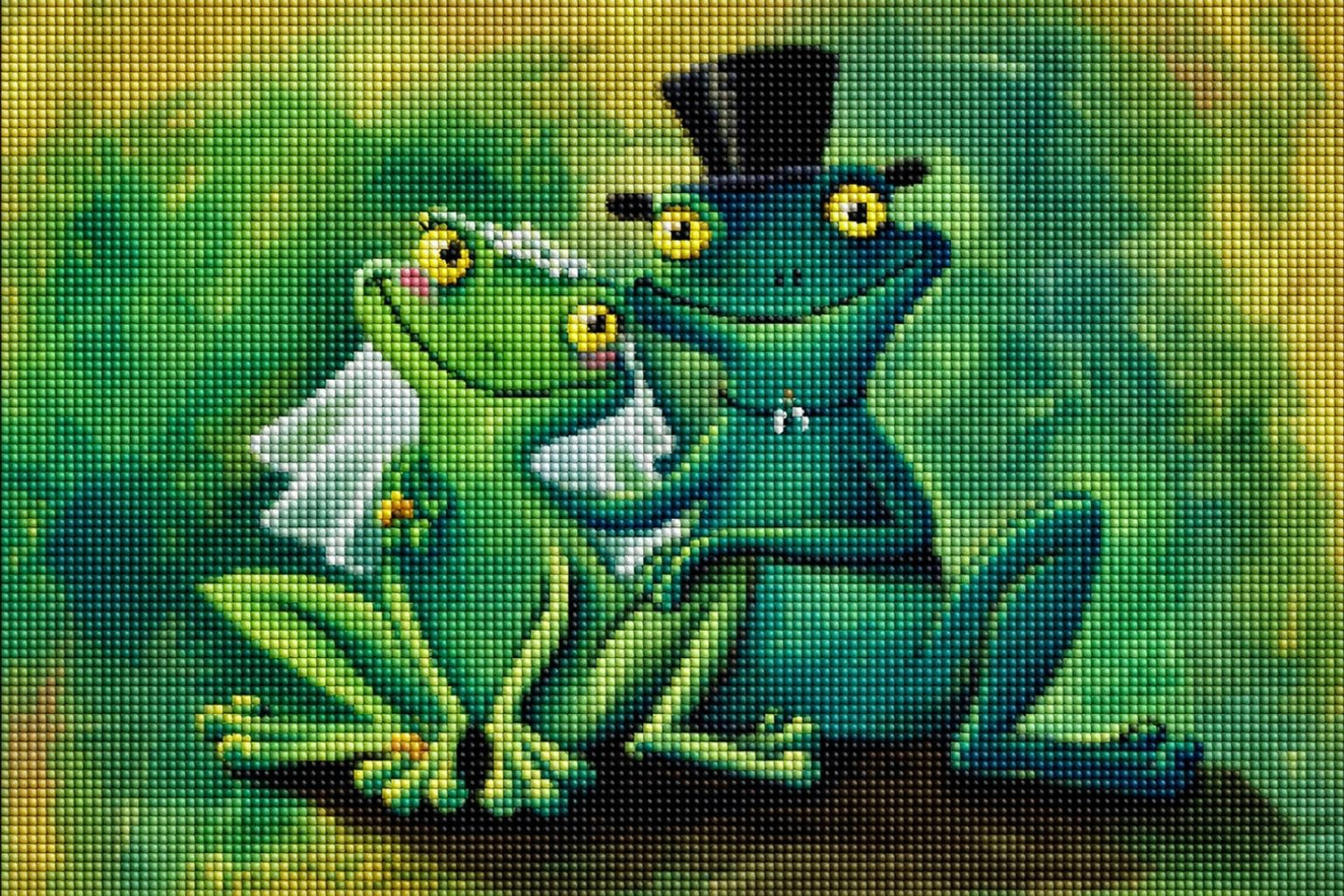 Diamond Painting mit lächelndem Frosch-Brautpaar im verspielten Illustrationsstil. Mockup.