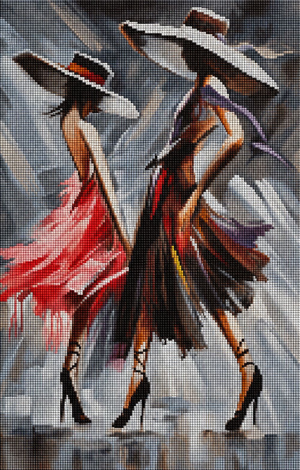 Diamond Painting mit zwei eleganten Damen in Kleidern und großen Sonnenhüten im impressionistischen Malstil. Mockup.