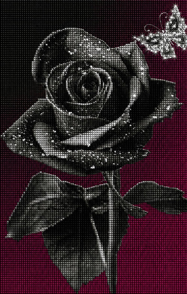 Diamond Painting einer schwarzen Rose mit funkelnden Wassertropfen und einem silbernen Glitzerschmetterling.  Mockup.