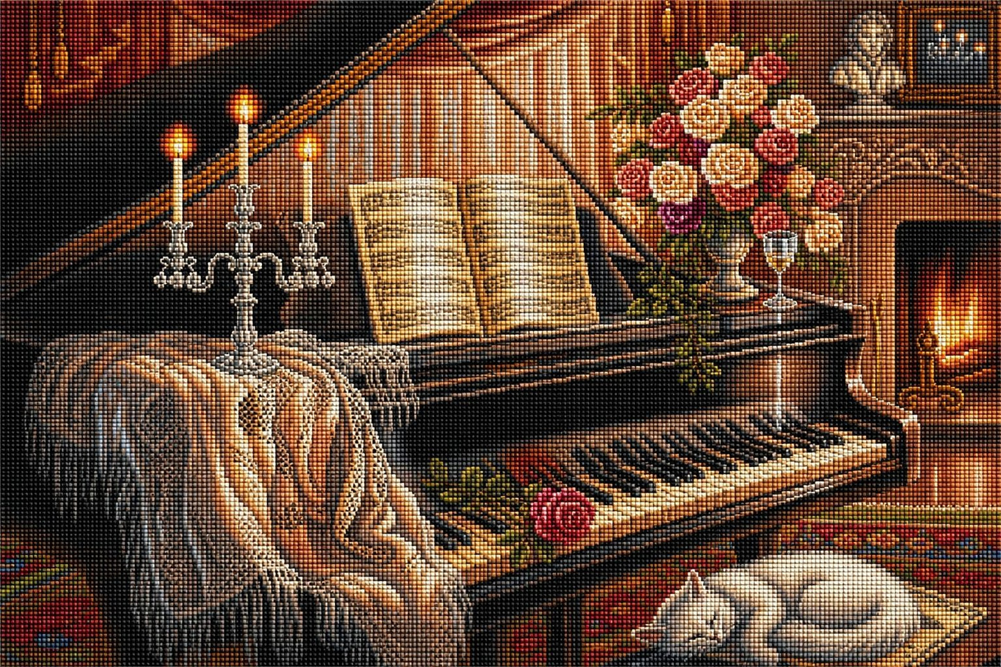 Diamond Painting eines Klaviers mit Notenblättern, Kerzenleuchter, Rosen und einer schlafenden Katze am Kamin.  Mockup.