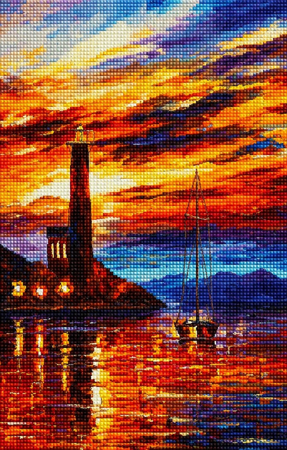 Diamond Painting eines Leuchtturms bei Sonnenuntergang im abstrakten Aquarellstil mit Segelboot.  Mockup.