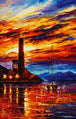 Diamond Painting eines Leuchtturms bei Sonnenuntergang im abstrakten Aquarellstil mit Segelboot.  Mockup.