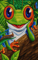 Diamond Painting eines grünen Laubfrosches mit großen orangen Augen auf einem Ast im Dschungel. Mockup.