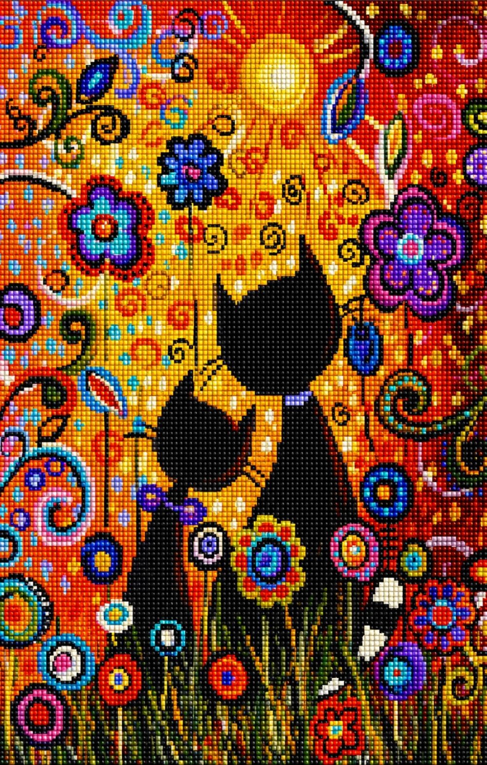 Abstraktes Diamond Painting von zwei schwarzen Katzen vor einer gelben Sonne und bunten Blumen. Mockup.