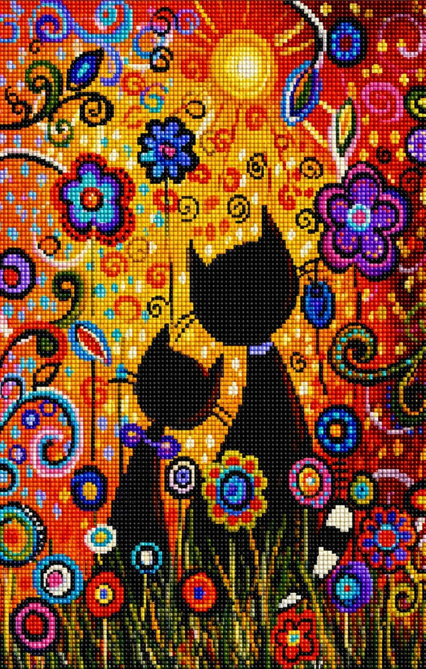 Abstraktes Diamond Painting von zwei schwarzen Katzen vor einer gelben Sonne und bunten Blumen. Mockup.
