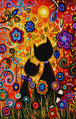 Abstraktes Diamond Painting von zwei schwarzen Katzen vor einer gelben Sonne und bunten Blumen. Mockup.