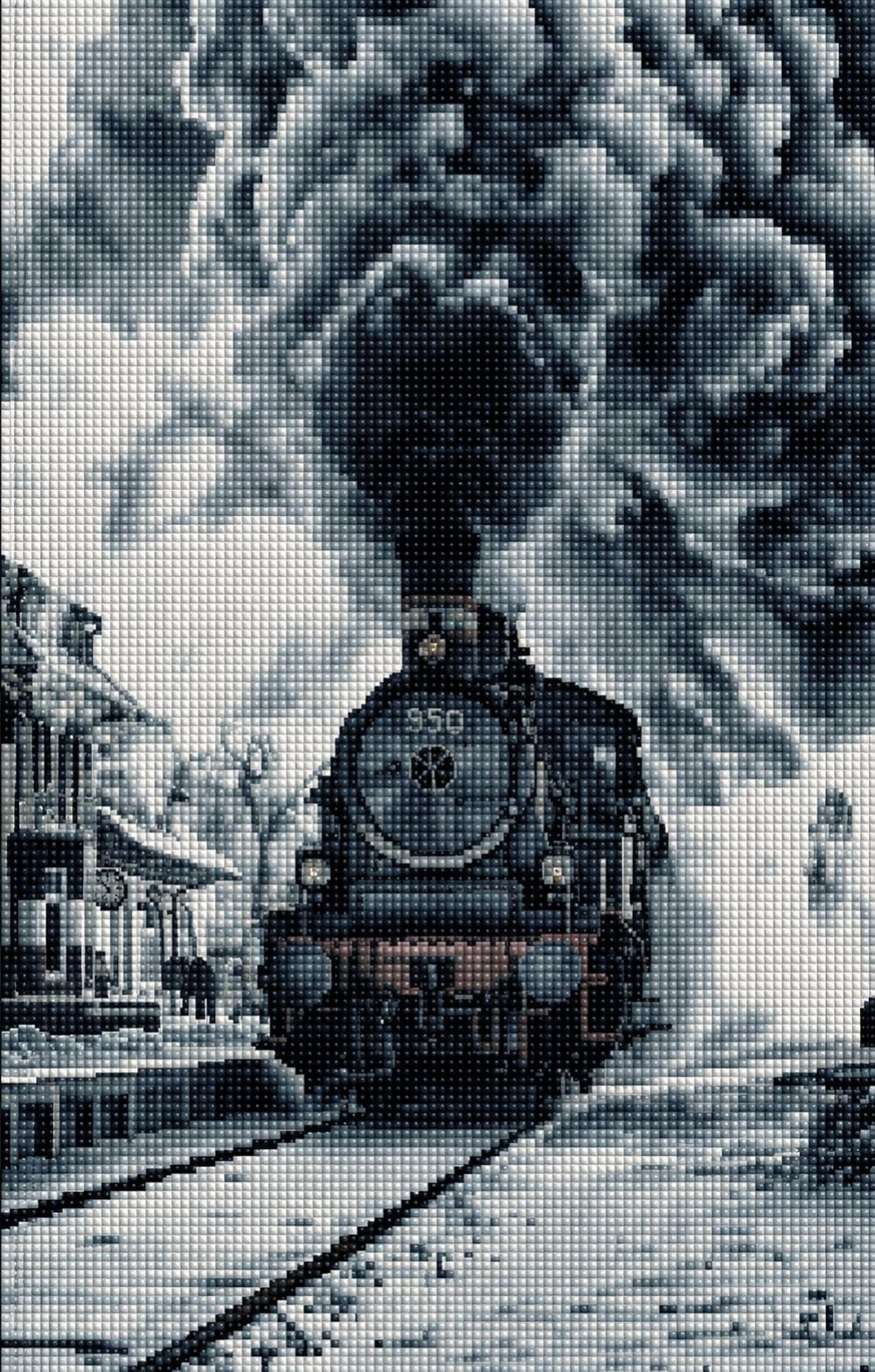 Diamond Painting einer alten Dampflokomotive am Bahnhof mit riesiger Rauchwolke im Winter. Mockup.