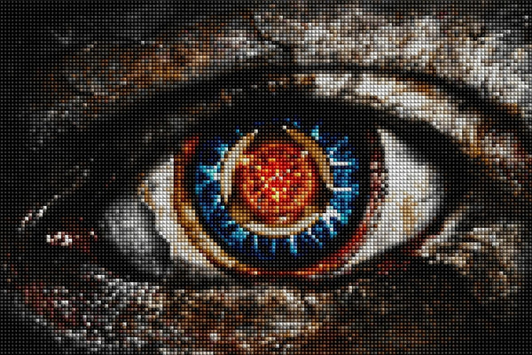 Diamond Painting Nahaufnahme eines Auges mit einer brennenden Sonne und blauen Blitzen in der Pupille.  Mockup.
