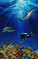 Diamond Painting mit Taucher, Haien und farbenreichem Korallenriff unter klarem Meereswasser. Mockup.