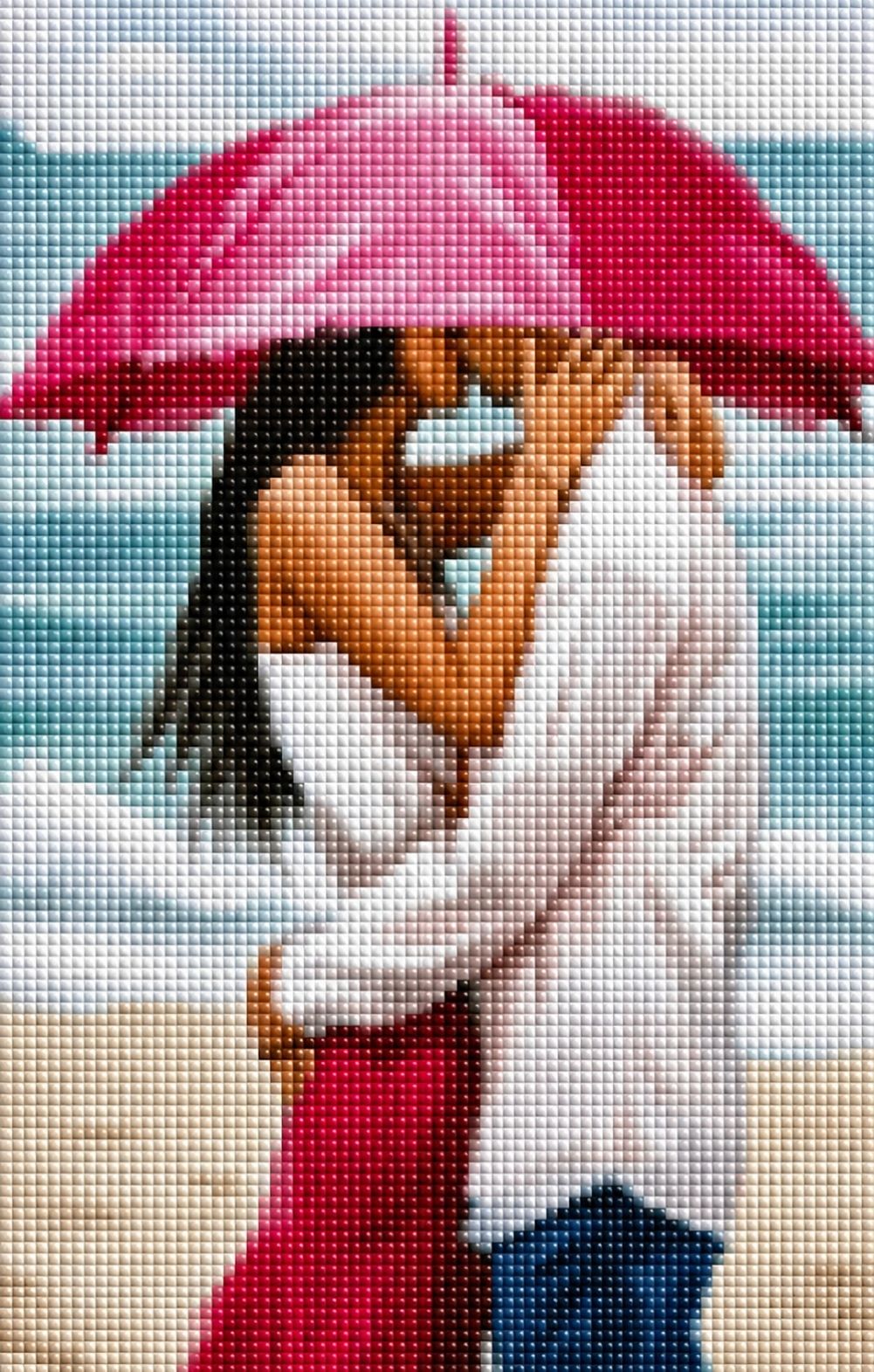 Diamond Painting mit küssendem Liebespaar unter rosa Regenschirm am Strand. Mockup.