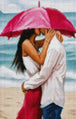Diamond Painting mit küssendem Liebespaar unter rosa Regenschirm am Strand. Mockup.