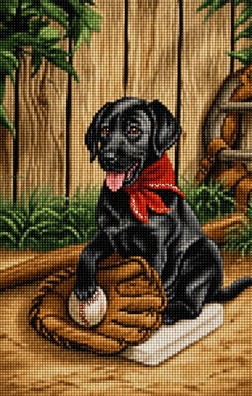 Diamond Painting mit schwarzem Labrador, Baseballhandschuh und Ball vor einem Holzzaun. Mockup.