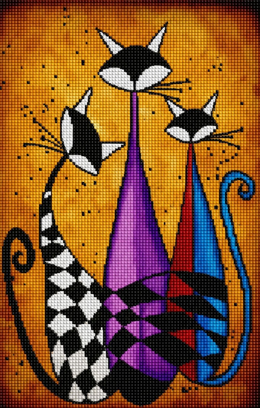 Diamond Painting mit drei abstrakten Katzen in kräftigen Farben vor goldorangem Hintergrund. Mockup.