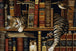 Diamond Painting mit schlafender Katze zwischen antiken Büchern in einem detailreichen Bücherregal. Mockup.