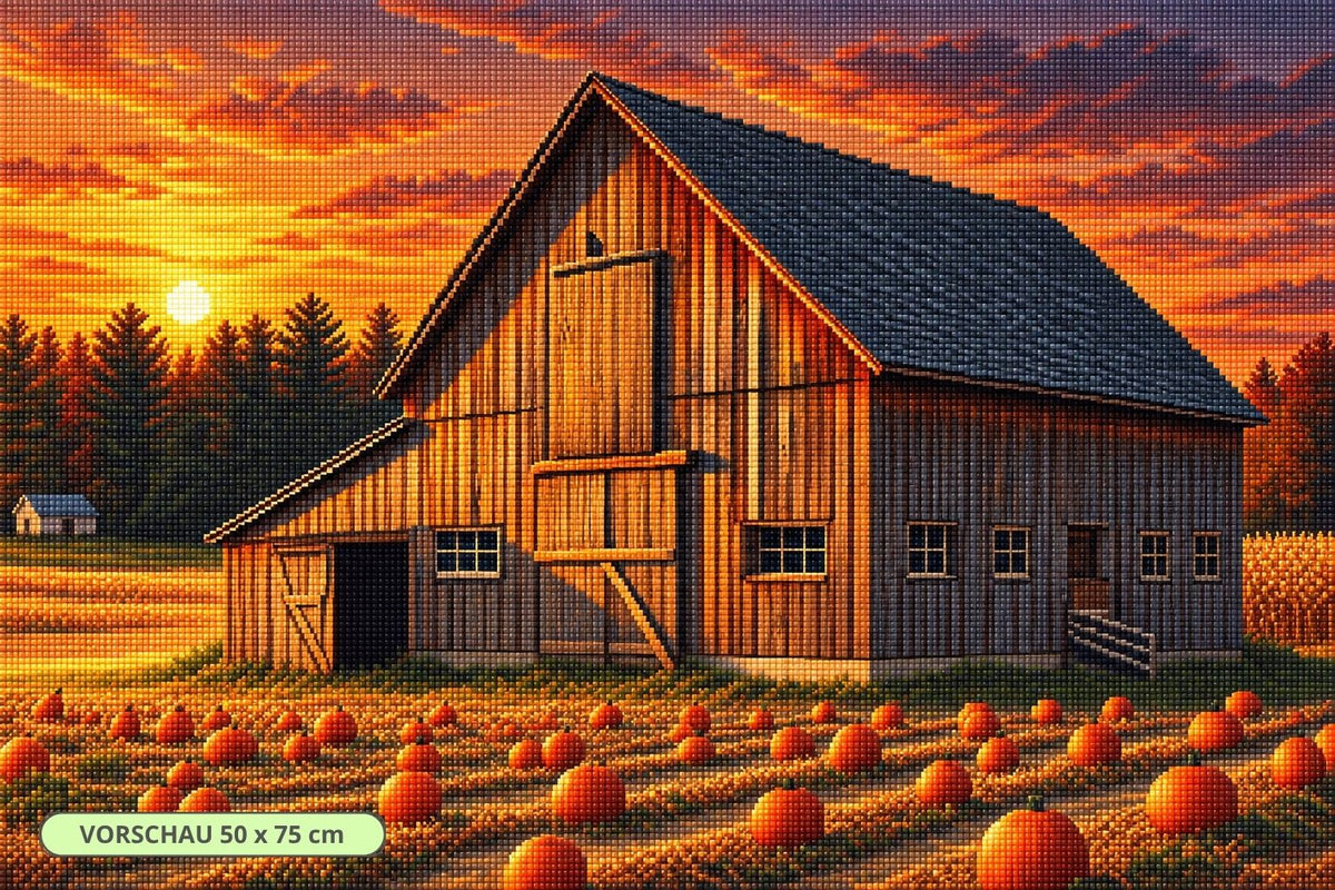 Diamond Painting mit Holzscheune, Kürbisfeld, Maisfeld und orangefarbenem Abendhimmel. Mockup.