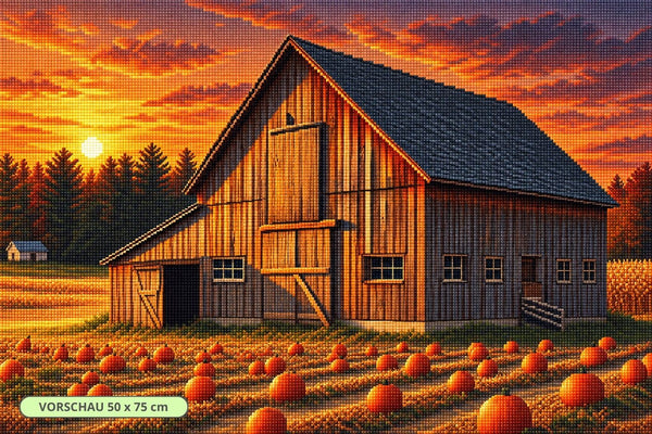 Diamond Painting mit Holzscheune, Kürbisfeld, Maisfeld und orangefarbenem Abendhimmel. Mockup.