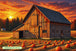 Diamond Painting mit Holzscheune, Kürbisfeld, Maisfeld und orangefarbenem Abendhimmel. Mockup.