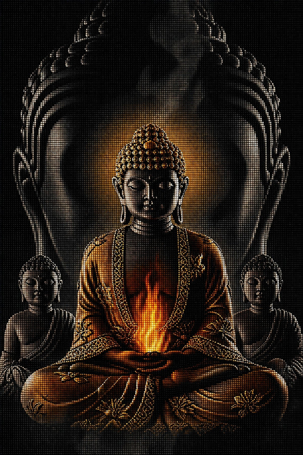 Diamond Painting eines meditierenden Buddhas mit einer Flamme in den Händen vor einem dunklen Hintergrund. Mockup.