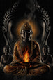 Diamond Painting eines meditierenden Buddhas mit einer Flamme in den Händen vor einem dunklen Hintergrund. Mockup.