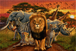Buntes Diamond Painting mit Löwe, Elefant, Giraffe und weiteren afrikanischen Tieren vor einem Sonnenuntergang. Mockup.