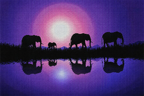 Diamond Painting von Elefanten-Silhouetten vor einem lila Sonnenuntergang mit Spiegelung im Wasser. Mockup.