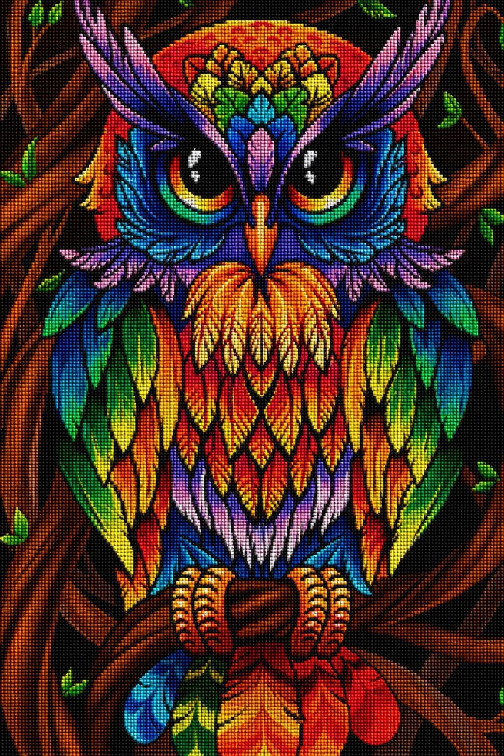 Farbenfrohes Diamond Painting einer Eule mit leuchtendem, neonfarbenem Gefieder auf einem Ast. Mockup.