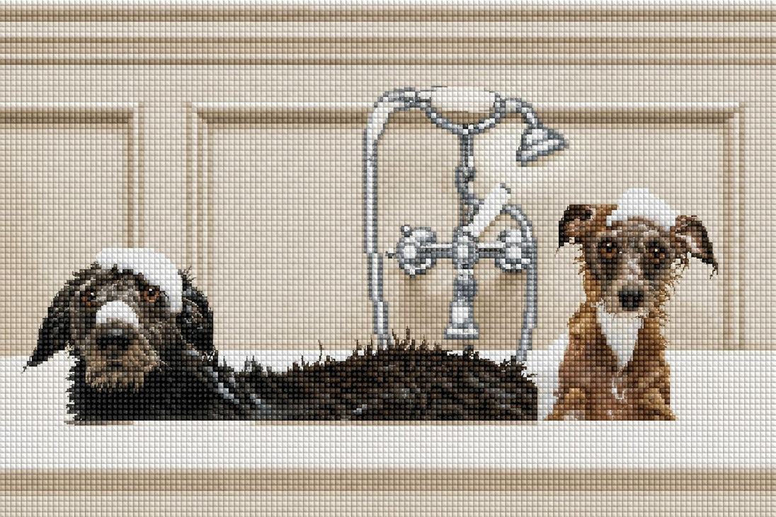 Süßes Diamond Painting von zwei nassen Hunden mit Schaum auf dem Kopf in einer weißen Badewanne. Mockup.