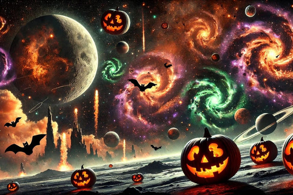 Diamond Painting mit Kürbissen, Fledermäusen, Mond, Planeten und farbigen Spiralgalaxien im Weltall.