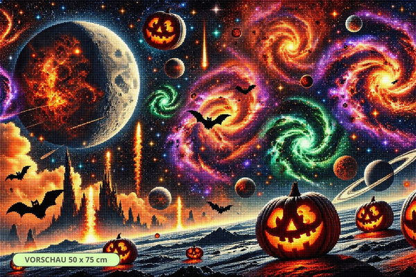 Diamond Painting mit Kürbissen, Fledermäusen, Mond, Planeten und farbigen Spiralgalaxien im Weltall. Mockup.